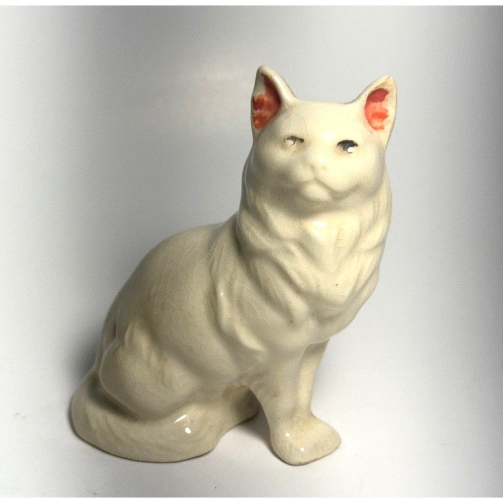 Vintage Ceramic Long Haired White Cat Figurine 4.25 Pink Ears Standing‎
